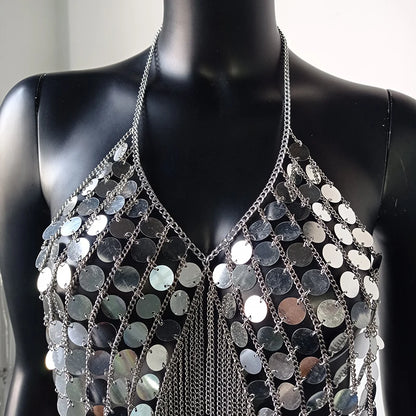 AKYZO Sequined Crop Tops for Women Metal Chain Tassel Nightclub Dance Wear Party Burning Outfits Plastic Tank Top Sexy Festival