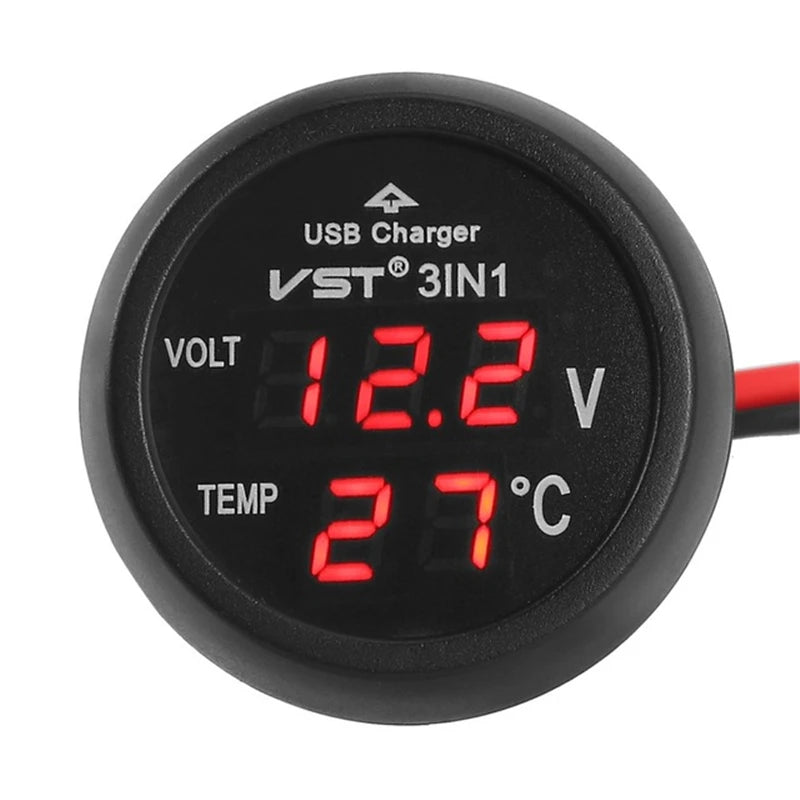 3 in 1 12V/24V LED Digital Voltmeter With Power Supply Current Meter for Car Cigarette Lighter Thermometer With Type C Socket
