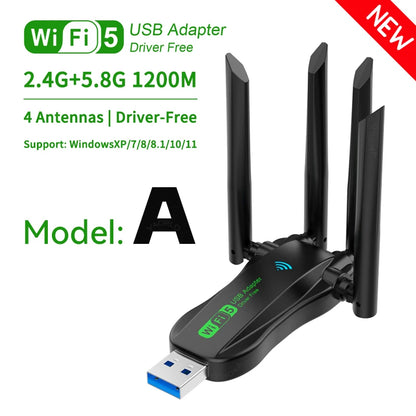Dual Band 1200Mbps WiFi USB Adapter 2.4G/5.8Ghz Wi-Fi5 Dongle 4 Antenna USB3.0 Wireless Receiver For PC/Laptop No CD Driver Free