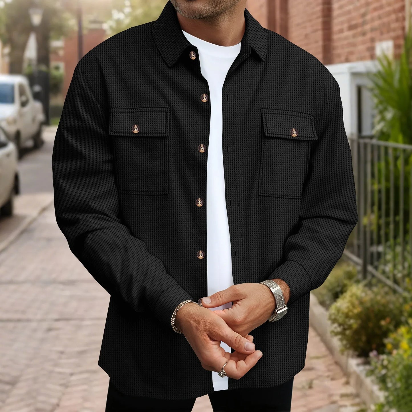 Mens Casual Waffle Texture Button Up Shirt Long Sleeve Lapel Collar Pocketed Shacket Fashion Oversized Blouse for Men