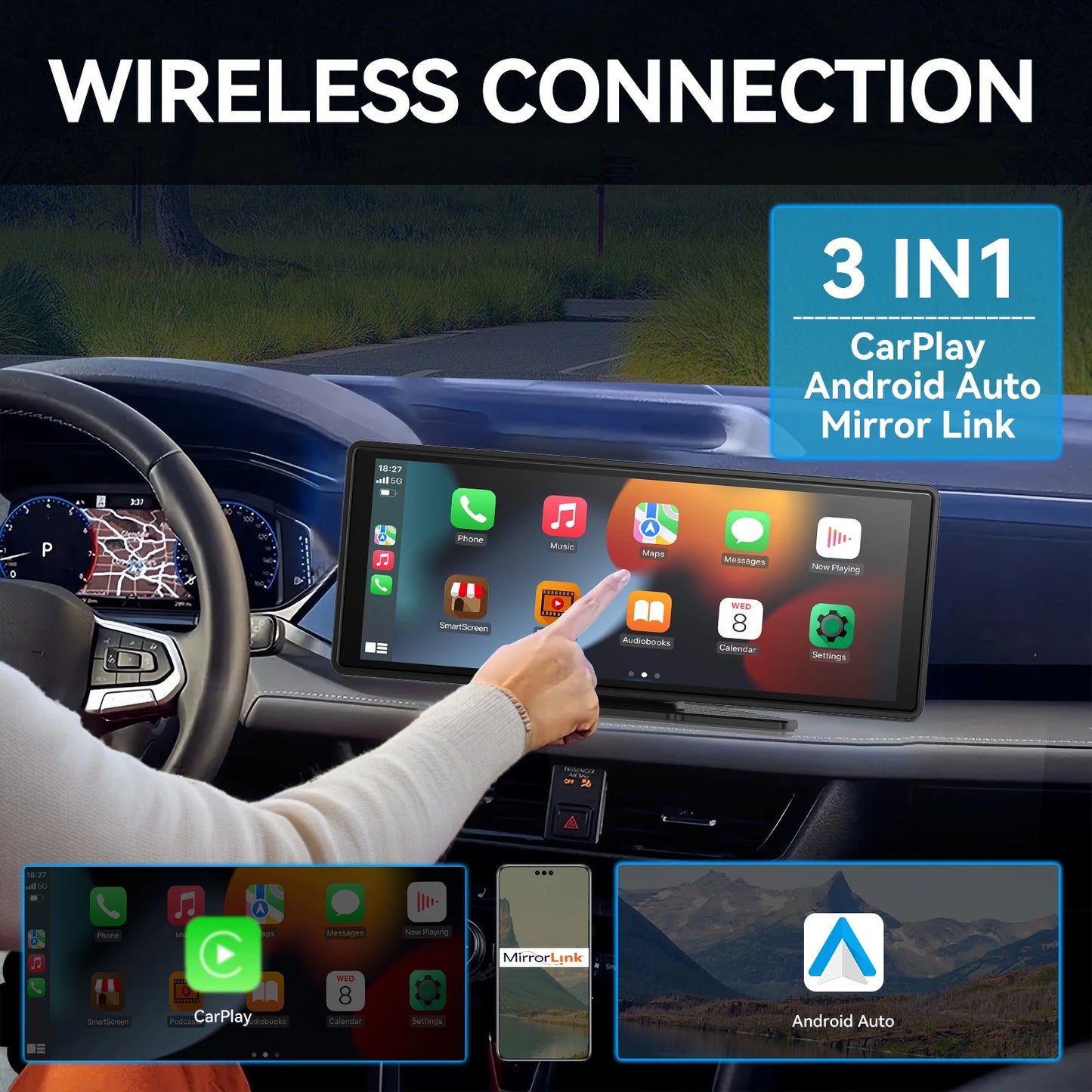 Pionray 11 inches android auto Universal Portable Carplay for Car Screen Car Radio WIFI Video Wireless Carplay Screen for Apple