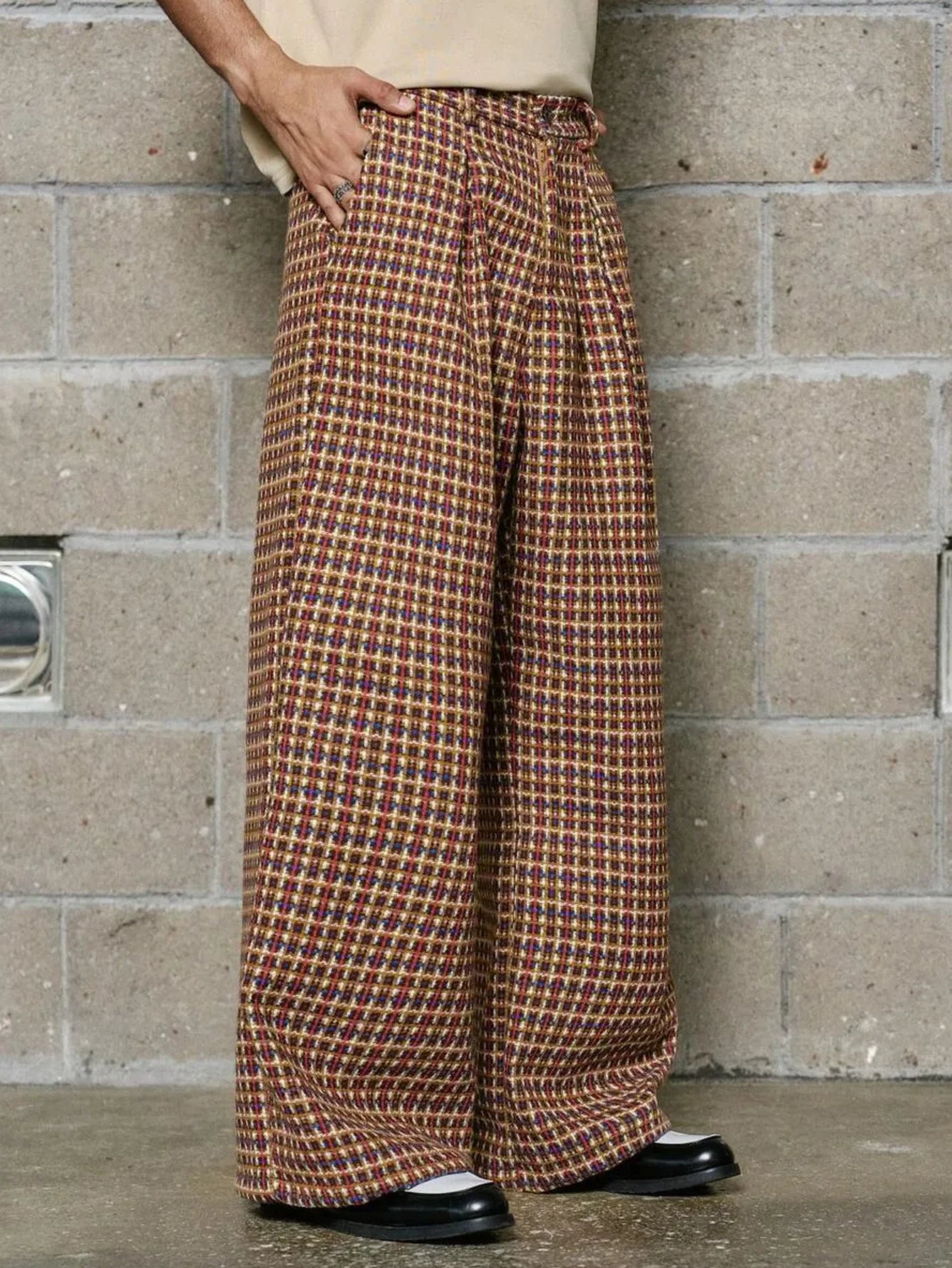 2026 SS Jacquard Plaid Woven Men Pants, Pleated Design, Zipper Fly, Cross Pockets,Loose Straight Wide Leg Commuter Suit Pants