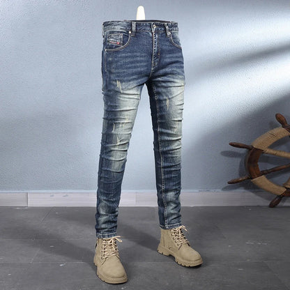 Y2K Fashion New High-Quality Jeans Scratch Wash Nostalgic Stretch Slim Fit Retro Blue Men's Jeans Designer High-Quality Jean