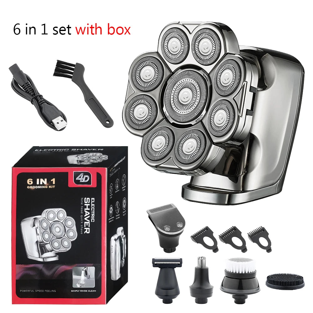 9 Head 6-in-1 Electric Shaver for Men, 4D Floating Bald Head Razor, Rechargeable Waterproof Grooming Kit with Trimmer,