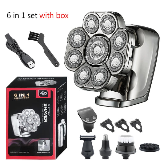 9 Head 6-in-1 Electric Shaver for Men, 4D Floating Bald Head Razor, Rechargeable Waterproof Grooming Kit with Trimmer,