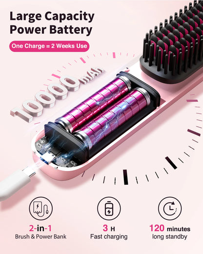 Cordless Hair Straightener Brush 10,000mAh Portable 300M Negative Ions for Frizz-Free Shine Fast Heating, Gift for Women