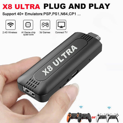 The X8 ULTRA retro video game console comes pre-installed with 50,000 games and plug-and-play PS1/N64/PSP emulators.