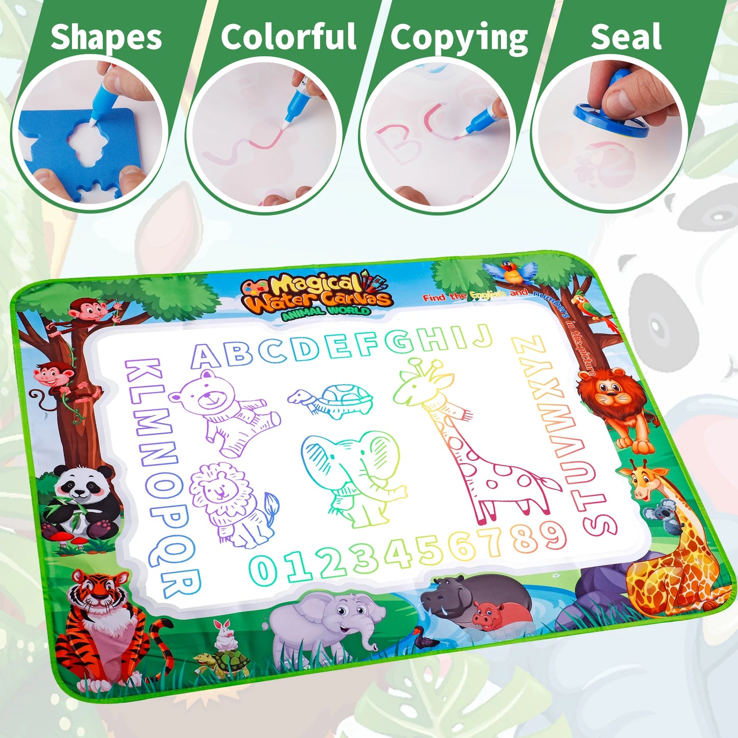 MQUDUO Boys Girls Water Painting Mat, Large Reusable Doodle Pad with Animal Alphabet Theme for Fine Motor Skill Toy