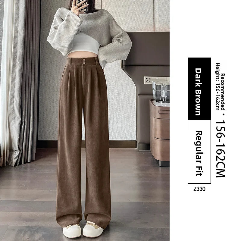 White Corduroy Wide Leg Pants Women's Autumn Winter Slim Straight Drapey Small Size Fleece Lined Suit Trousers