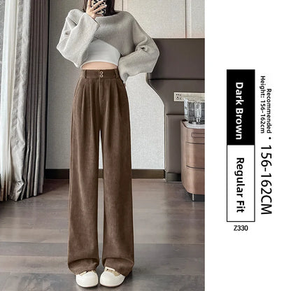 White Corduroy Wide Leg Pants Women's Autumn Winter Slim Straight Drapey Small Size Fleece Lined Suit Trousers