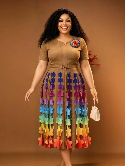 Miyake 2026 Summer New Loose V-neck Women's Fashion Slim Gradual Change Color Printed Dress