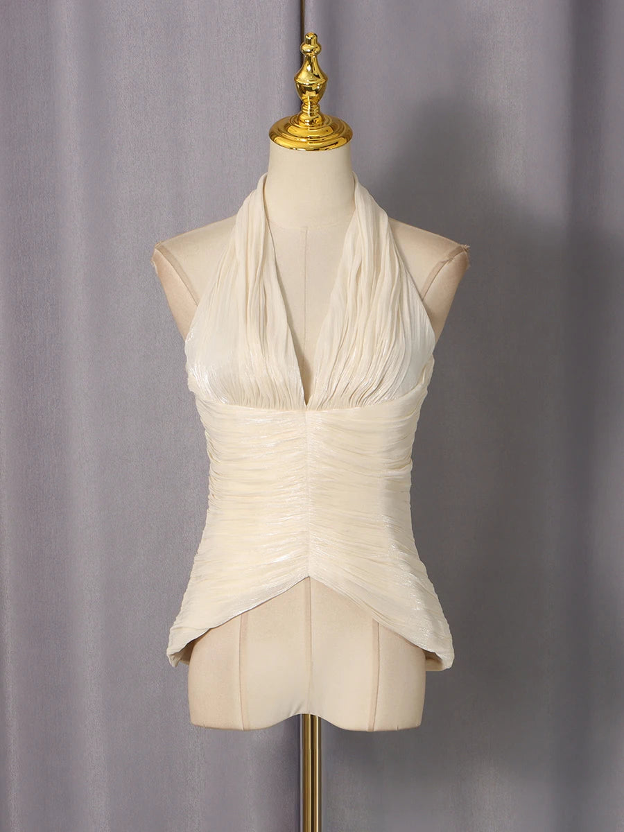 VGH High End Sexy Slimming Tank Top for Women Halter Deep Neck Sleeveless Spliced Folds Tunic Backless Chic Evening Vest Female