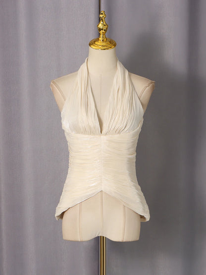 VGH High End Sexy Slimming Tank Top for Women Halter Deep Neck Sleeveless Spliced Folds Tunic Backless Chic Evening Vest Female