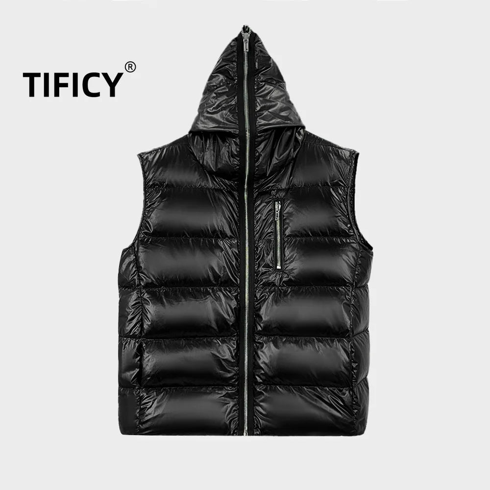 High Street Duck Down Vests Men's Dark Style Winter New Hooded Vest with Long Zipper Pocket Warm Vest Jacket Loose Down Vest