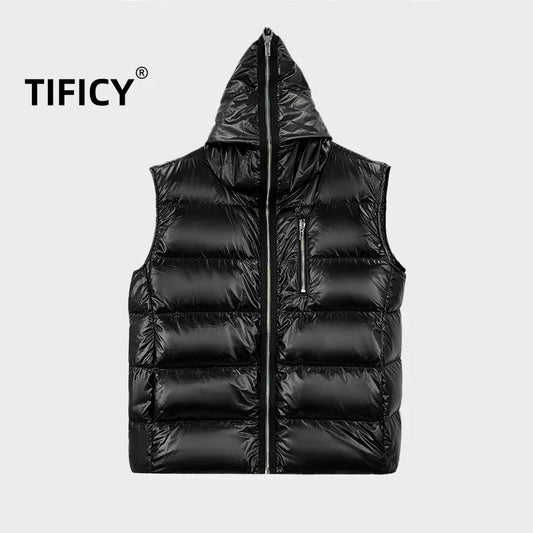 High Street Duck Down Vests Men's Dark Style Winter New Hooded Vest with Long Zipper Pocket Warm Vest Jacket Loose Down Vest
