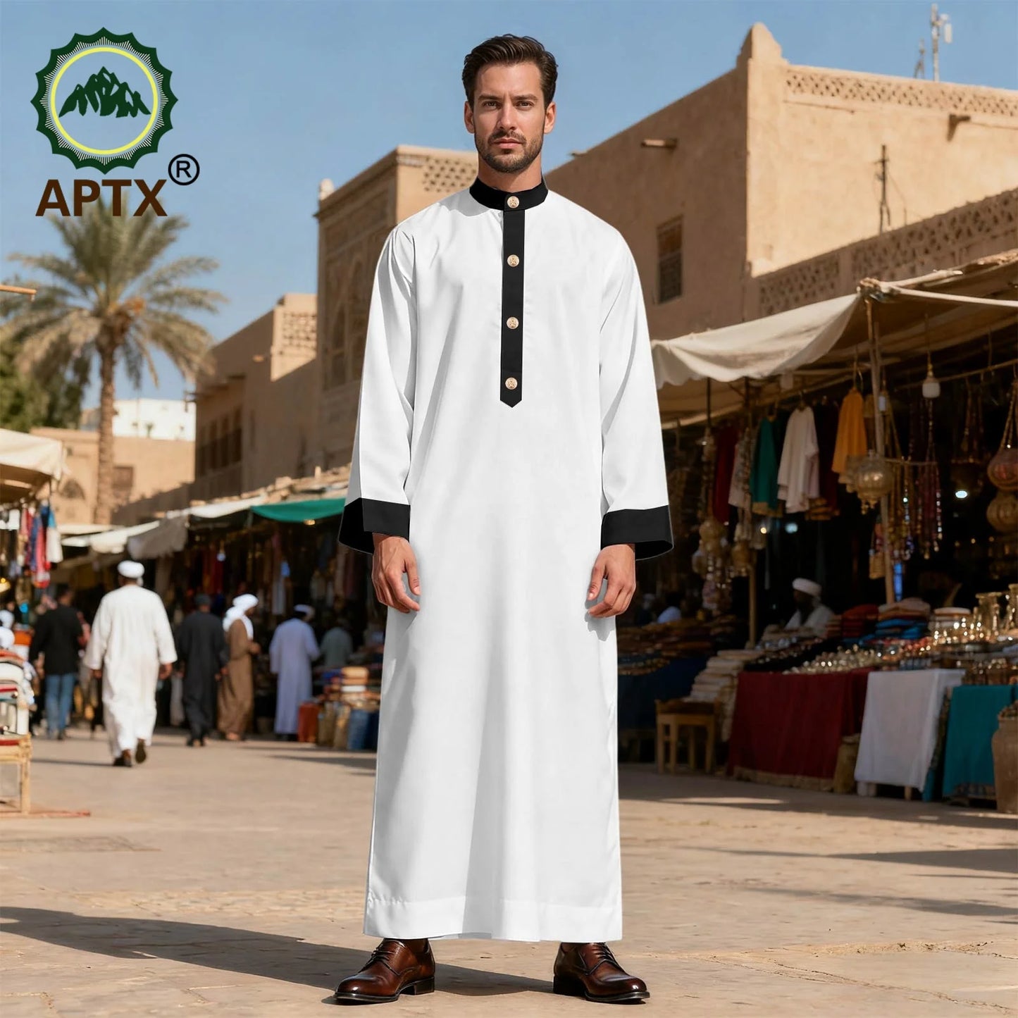 APTX Men's Jubba Thobe Embroidered Robe Single-Breasted Loose Fit Casual Wedding Church Outfit Muslim Fashion 2514020