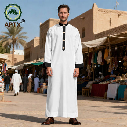 APTX Men's Jubba Thobe Embroidered Robe Single-Breasted Loose Fit Casual Wedding Church Outfit Muslim Fashion 2514020