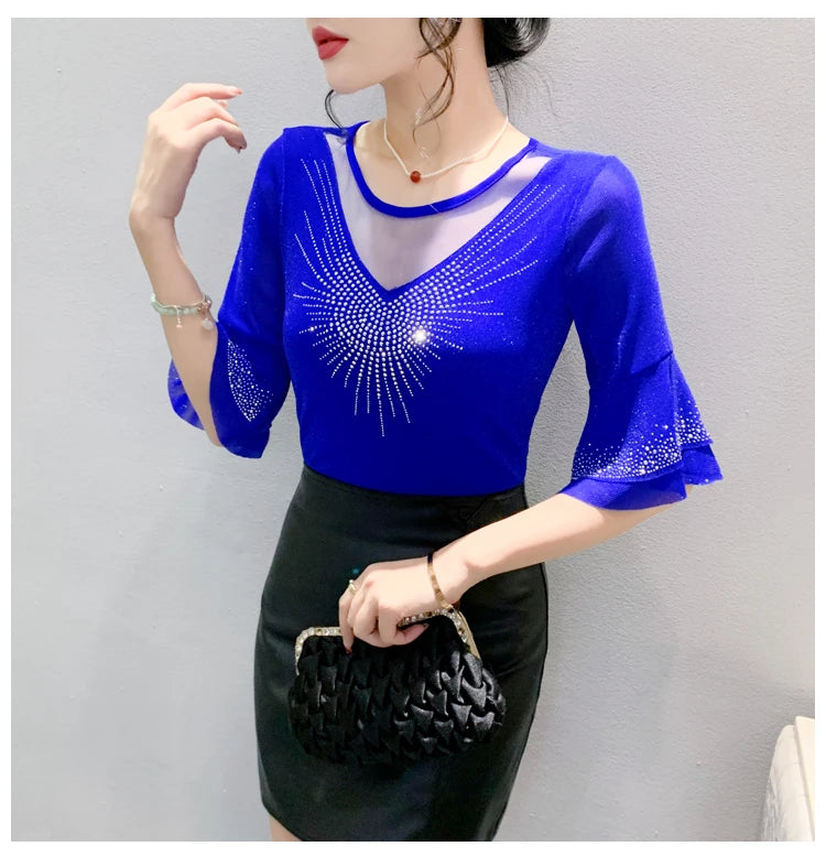 Sexy Hollow out Mesh Seven Quarter Sleeve Fashion Trend Summer T-Shirt Women Slimming Versatile Top Half Sleeve Small Shirt