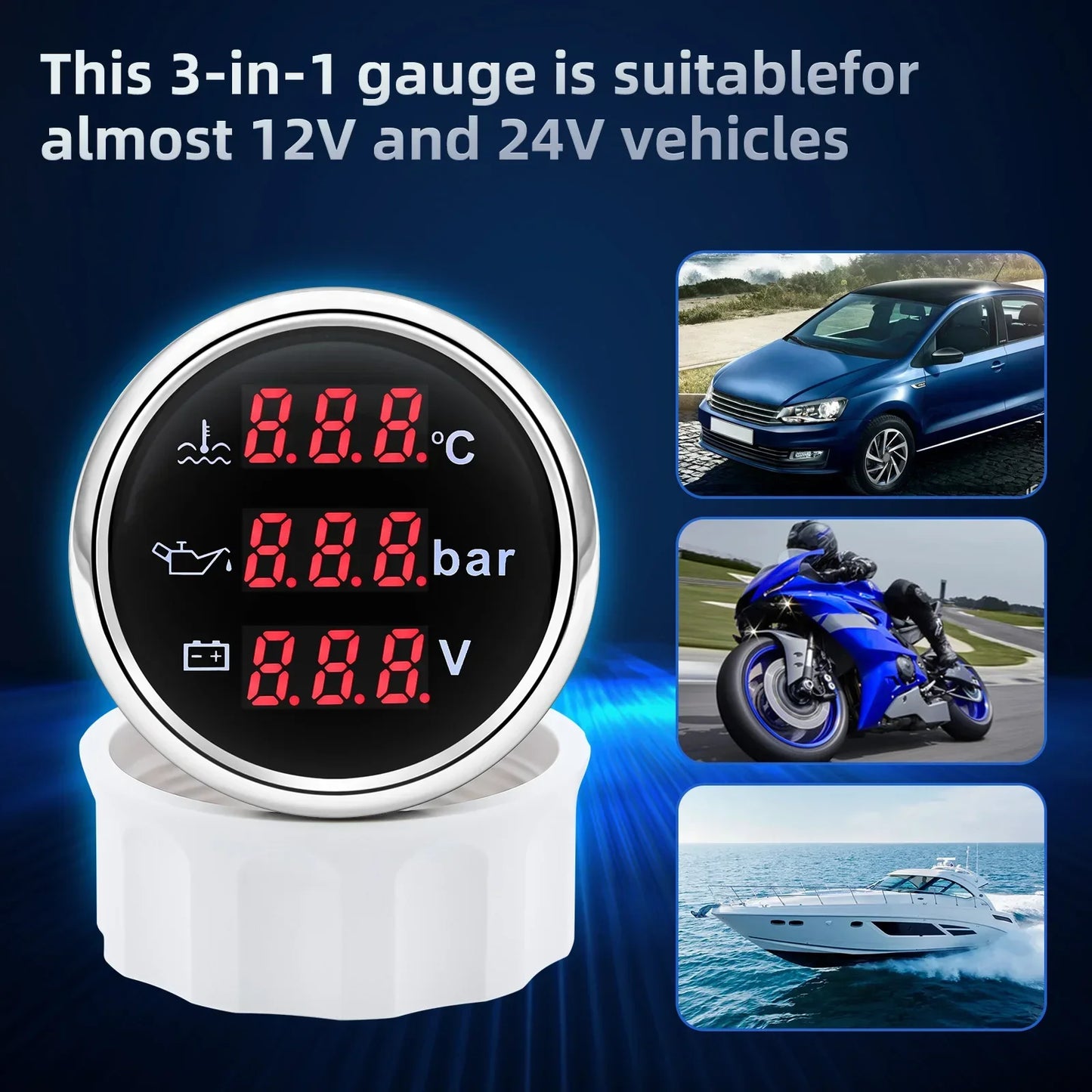 3 in 1 Car Gauge﻿ Water Temperature + Oil Pressure + Voltmeter 52mm Digital Red Backlight  Waterproof car gauge or with Sensor