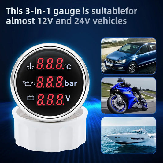3 in 1 Car Gauge﻿ Water Temperature + Oil Pressure + Voltmeter 52mm Digital Red Backlight  Waterproof car gauge or with Sensor