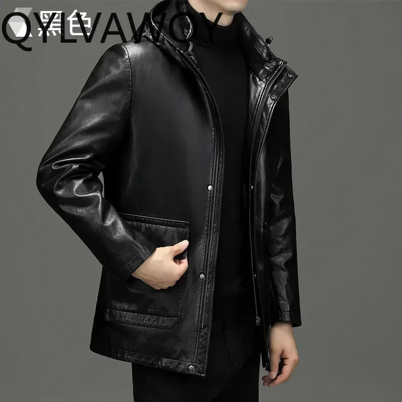 QYLVAWOY Leather Down Jacket Hooded Mid-length 90% White Duck Down Coat Detachable Liner Fashion PU Leather Jackets Man Clothing