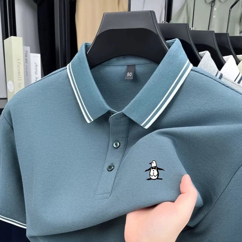 Brand striped men's polo shirt short sleeved penguin print top summer 100% cotton comfortable breathable casual lapel T-shirt