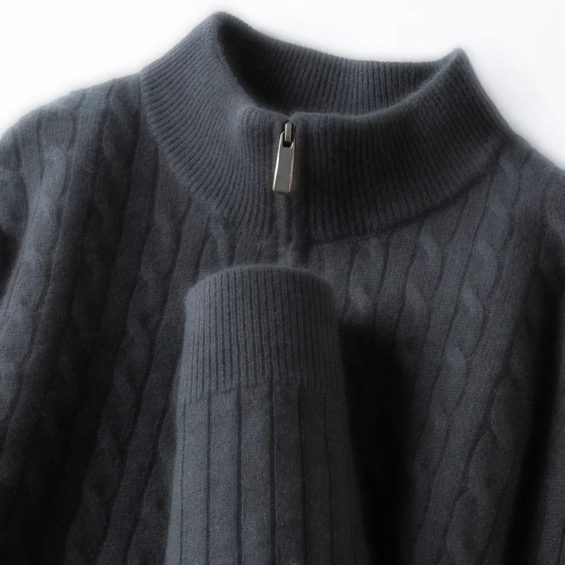410g Pure Wool Sweater Men's, Thickened Anti-Pilling, Semi-Zip High Neck, Old Money Luxury Style