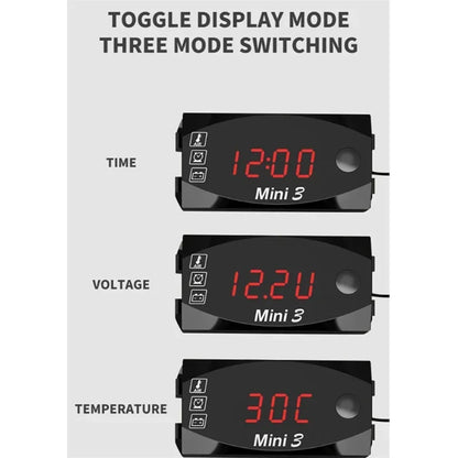 3 In 1 Digital Time Car Clock Motorcycle Boat DC 6V-30V  Multi Thermometer Voltmeter LED Audio Usb Switch Waterproof Tester