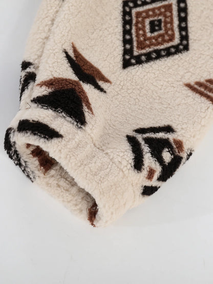 Men's Aztec Ethnic Style Color Block Sherpa Fleece Stand Collar Jacket Winter Thick Warm Fleece Casual Coat