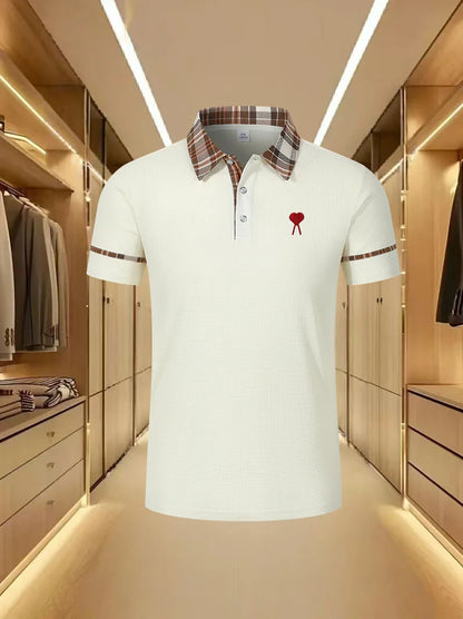High end brand polo shirt top heart embroidery 2026 summer men's short sleeved casual and comfortable cool striped lapel T-shirt