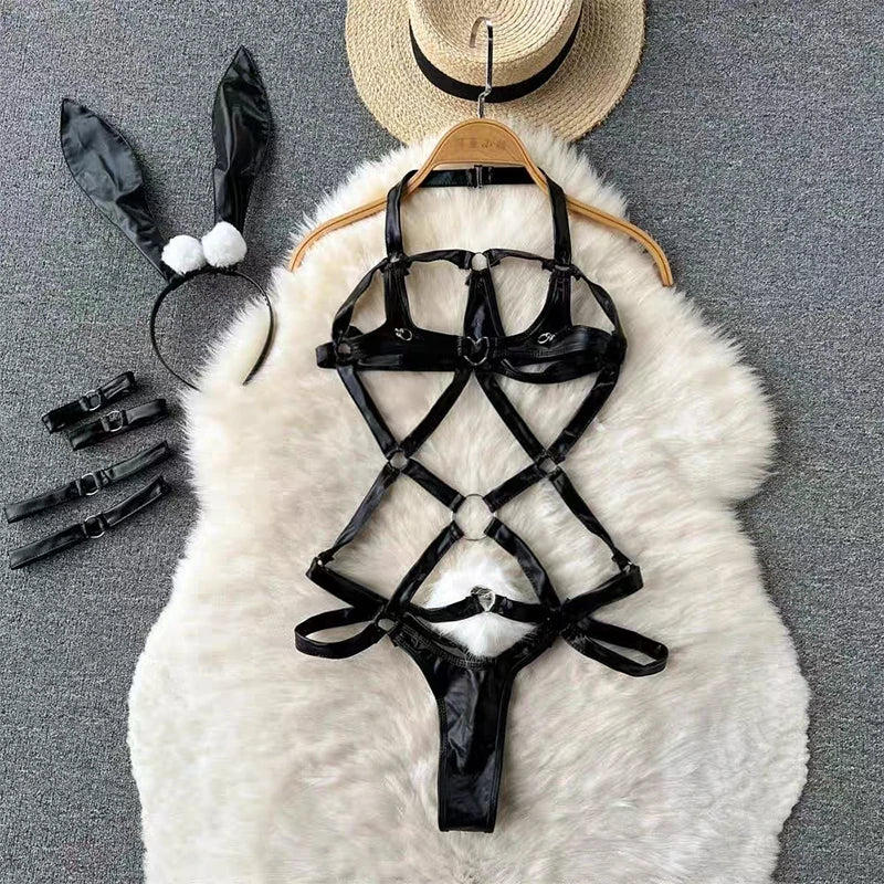 Cute Gray Rabbit Ear Hood Top Sexy Backless Slim Fit Bodysuit Zip Sleeveless Women Sexy Erotic Lingerie Bunny Cosplay Playsuit
