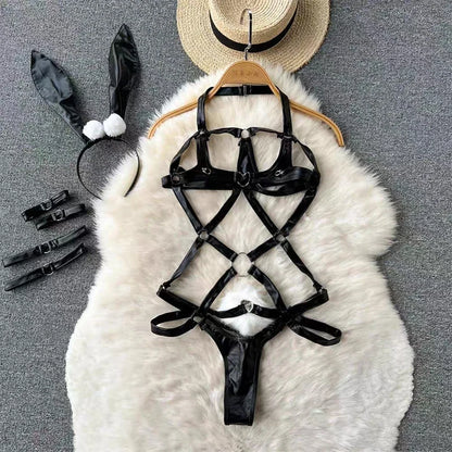 Cute Gray Rabbit Ear Hood Top Sexy Backless Slim Fit Bodysuit Zip Sleeveless Women Sexy Erotic Lingerie Bunny Cosplay Playsuit