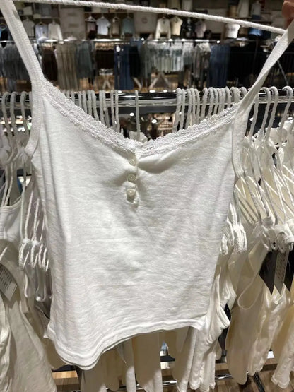 Lace Trim Buttons Solid Tank Top Women U Collar Sleeveless Cotton Slim Camis Sweet Chic Casual Preppy Style Vest Crop Tops Y2k