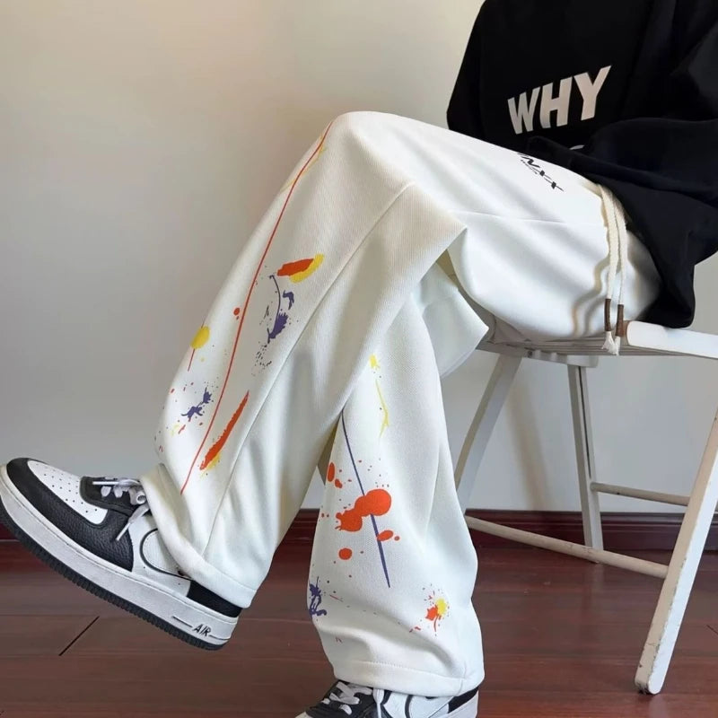 Trendy Men’s Graffiti Jogger Trousers American Street Style Wide Straight Leg Pants Loose Casual Long Pants for Everyday Wear