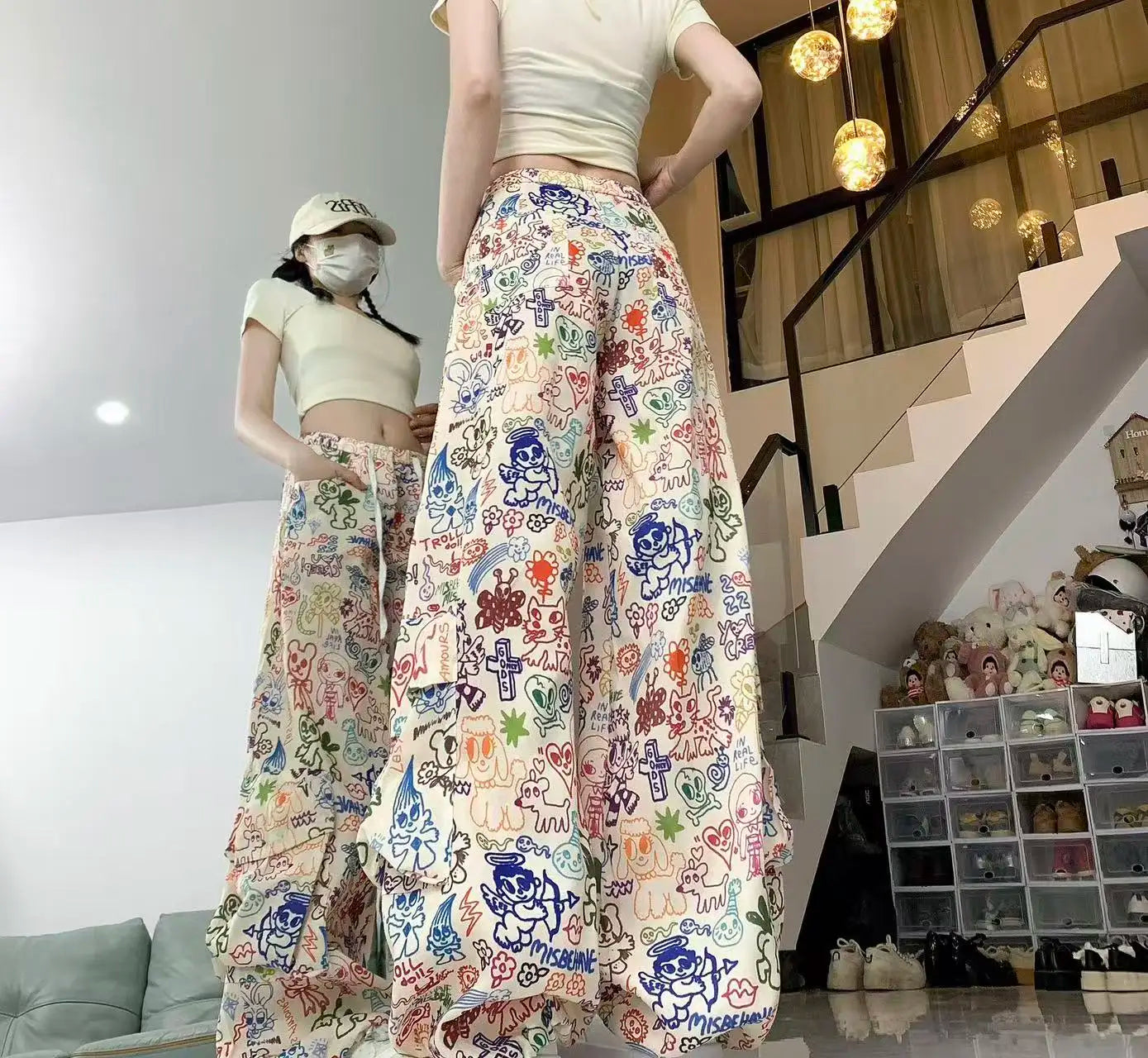 Y2K Cartoon Graffiti Wide Leg Pants - Colorful Print Drawstring High Waist Loose Streetwear Trousers for Women