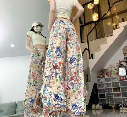 Y2K Cartoon Graffiti Wide Leg Pants - Colorful Print Drawstring High Waist Loose Streetwear Trousers for Women