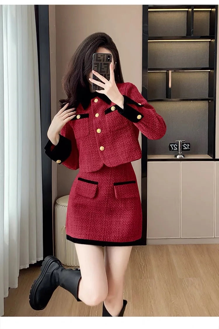 High-End  Style Women's Outerwear Set Autumn Winter New Design High Waist  Skirt Two-Piece Suit Fashionable And Warm