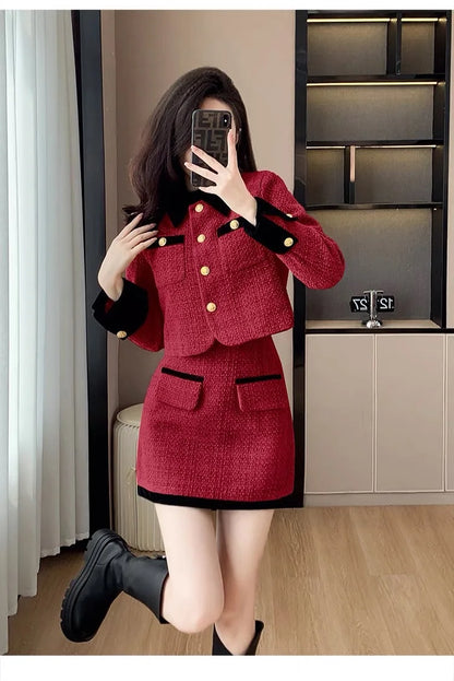 High-End  Style Women's Outerwear Set Autumn Winter New Design High Waist  Skirt Two-Piece Suit Fashionable And Warm