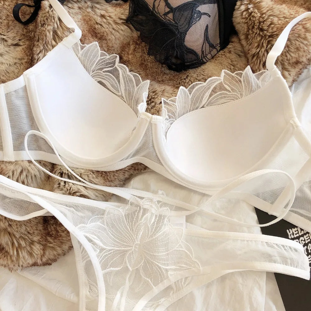 2 Pcs Sexy Lace Flowers Embroidery Underwear Set for Women Thin Cup Push Up Bra French Hollow Waist Bandage Thongs Lingerie Set
