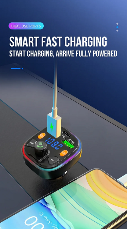 Car Bluetooth 5.0 FM Transmitter Audio Adapter RGB Colorful Light Triple Port PD Fast Charger And USB & One-Key Deep Bass Boost