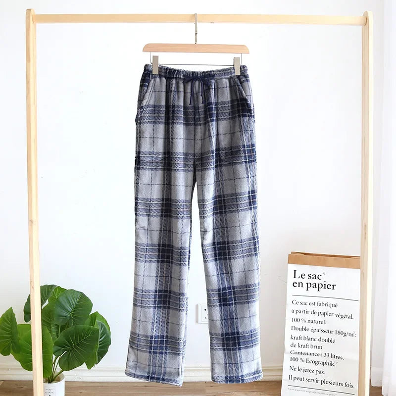 New Autumn AndWinter Flannel Men's Pajama Pants Trousers Plus Velvet Thickened Lattice Home Pants Sleep Wear Men Large Size