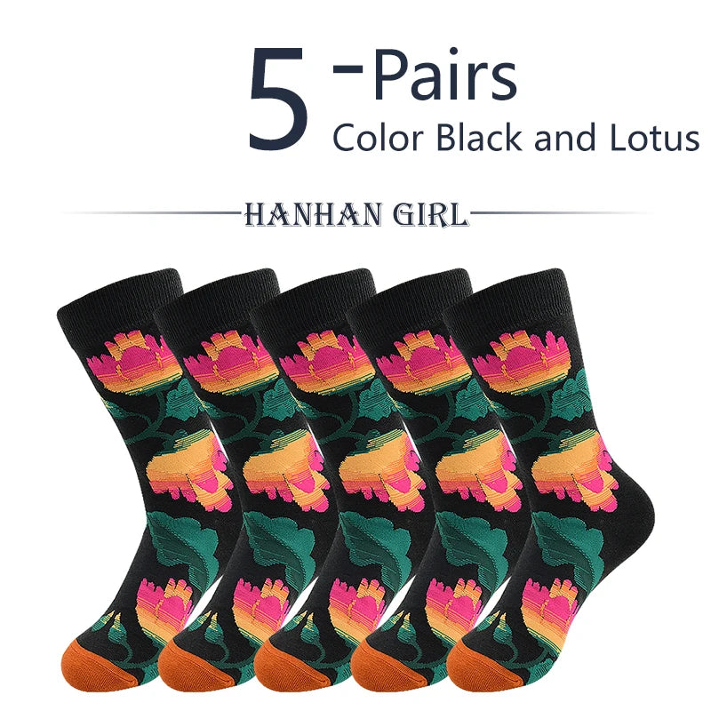 5 Pairs New Arrivals Combed Cotton Women Socks Unisex Cute Floral Styles 8 Color Happy Funny Casual Female Breathable Crew Socks
