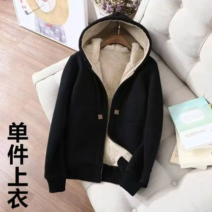 Thickened Fleece Winter Sportswear Set Women's Long Sleeve Hoodie Jacket And Pants Casual Slimming Pure Color Trendy Short Coat