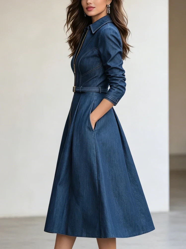 Modigirl Woman Blue A-Line Dresses 2025 Spring Fall New Pleated High Waisted Pockets Zipper Lapel Vintage Women's Midi Dress