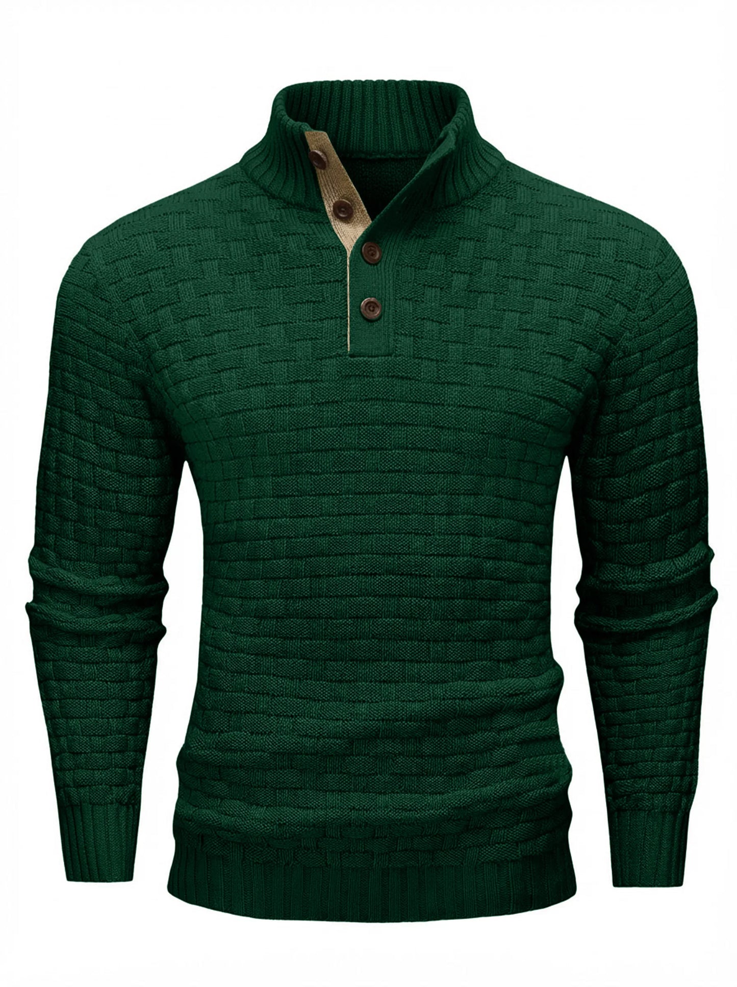 Men's Winter Warm Knit Sweater Button Turtleneck Woven Texture Slim Fit Casual Top