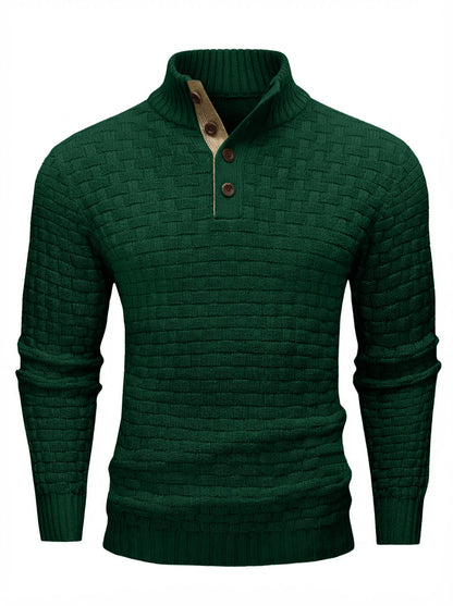 Men's Winter Warm Knit Sweater Button Turtleneck Woven Texture Slim Fit Casual Top
