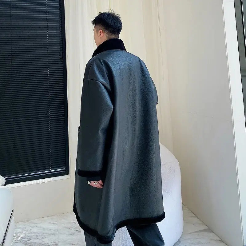 New Faux Fur-Lined Trendy Warm Winter Men's Coat Faux Fur Jacket  Fleece Lining Thickened Long Trench Coat Faux Leather Jacket
