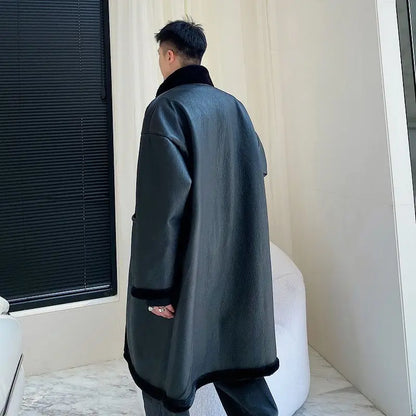 New Faux Fur-Lined Trendy Warm Winter Men's Coat Faux Fur Jacket  Fleece Lining Thickened Long Trench Coat Faux Leather Jacket