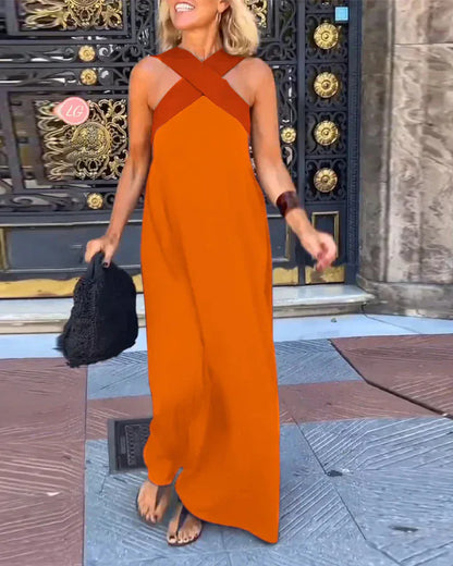 Women's Long Cross Dress Skirt European Style Mid-Waist A-Line Dress Polyester Fabric No-Sleeve Business Wear Single Piece