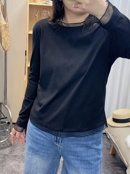 Spring New plus Size round Neck Mesh Splice Loose Long Sleeve Base Shirt Women Fat MM Slimming Belly Cover Simple T-shirt